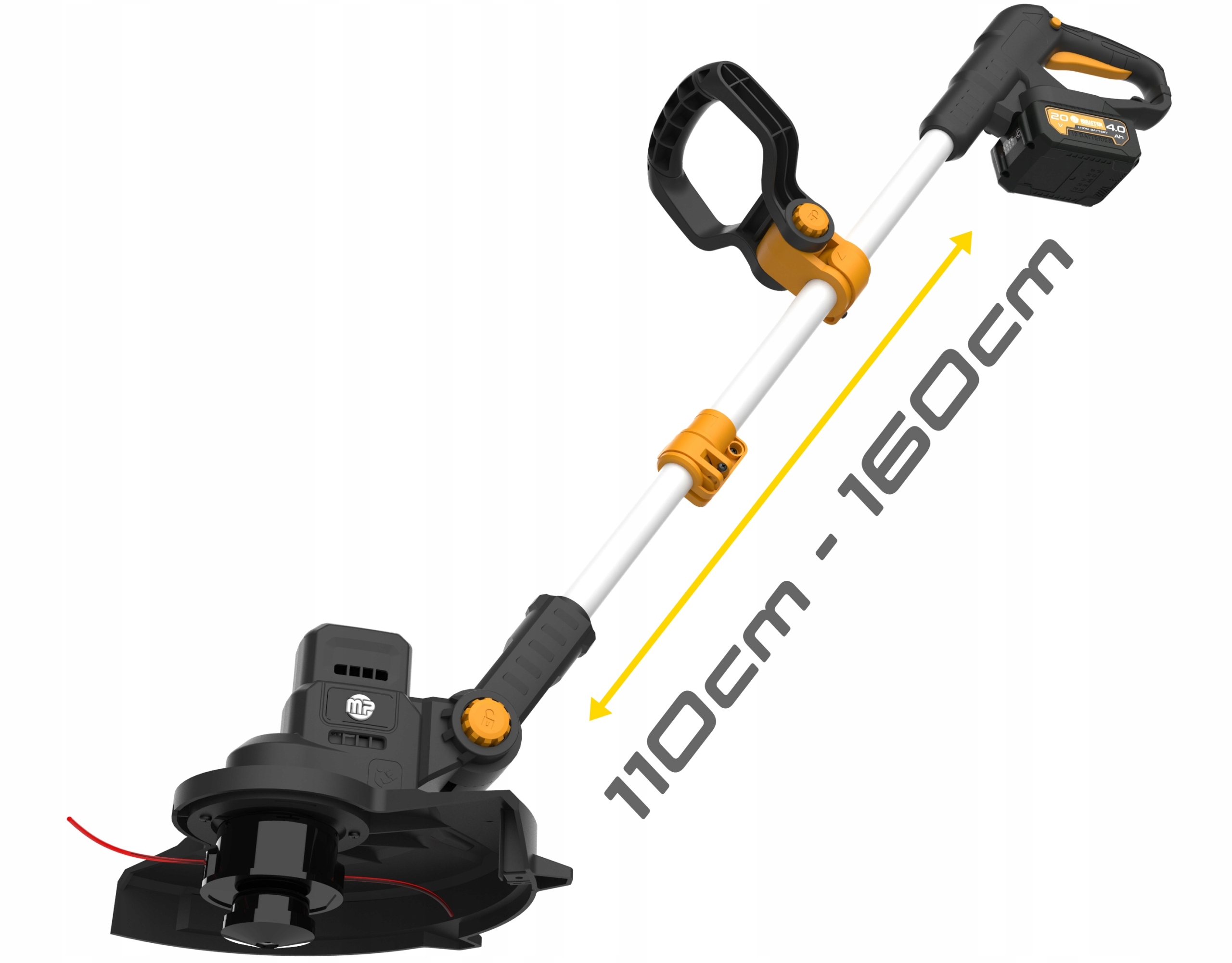 Podkaszarka koloru czarnego z pomarańczowymi elementami, takimi jak uchwyt i elementy regulacyjne. Urządzenie przeznaczone do pielęgnacji trawników, charakteryzujące się regulowaną długością w zakresie od 110 cm do 160 cm.